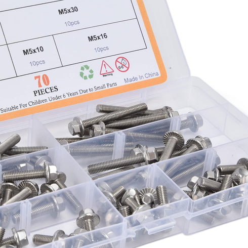 Flanged Hex Head Bolts Assortment Kit, 70 Pcs M5 Flange Hexagon Screws, Stainless Steel Hardware Accessory
