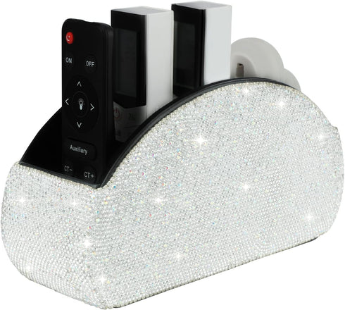 KEYPOWER Remote Control Holder Organizer, Leather Table Desk Storage with 5 Spacious Compartments, Bling Crystal