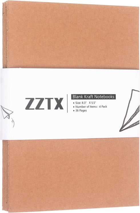ZZTX 4 Pack Blank Kraft Notebooks, A5 Travel Journal Set for Drawing Writing Doodling