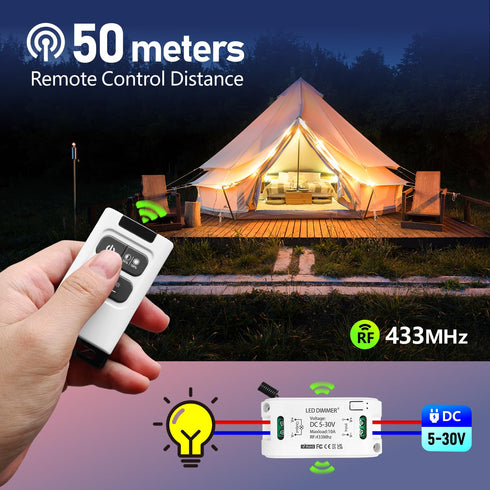 DieseRC Wireless LED Light Strip Dimmer Switch - DC 5V~30V 10A Relay Receiver Controller with 2 Remote Controls