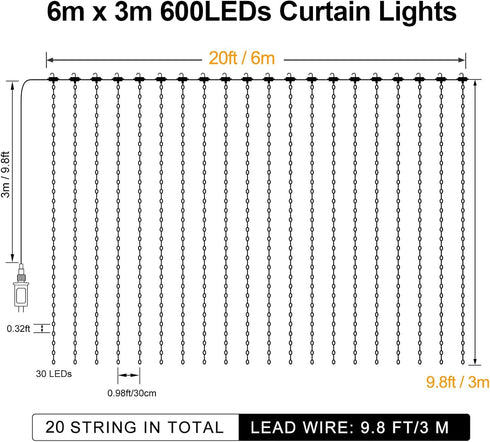 600 20Ftx10Ft, ZAIYW Curtain Lights LED Dual Color Changing Curtain Fairy Light Connectable with Timer Remote