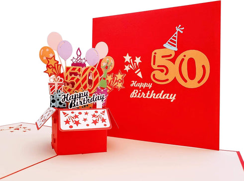 iGifts And Cards 3D Pop Up Greeting Card - Happy 50th Birthday Box, Unique Celebration, Balloons, Congrats, Feliz