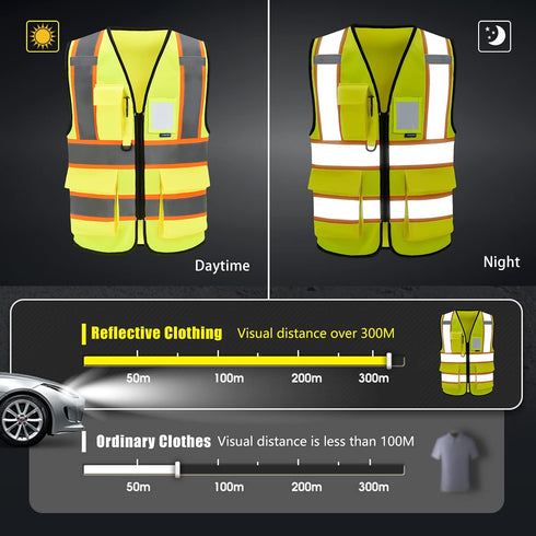 7 AYKRM Security Vest for Men Women Pockets High Visibility Reflective Safety Vest Front Zipper Meets ANSI/ISEA