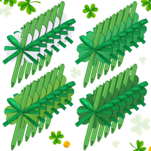Geyee 24 Pack St. Patrick's Day Shamrock Pen with Sticky Notepad - Kids Bulk Shamrock Shaped Ballpoint Pen, Ribbons,