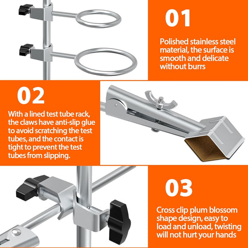 Chemistry Laboratory Stand Set, with Support Stand (8.3"x5.5"), 2 Retort Rings (Dia. 2.2"/2.6"), Rod (Length 16") and Flask Clamp (Dia 1.77 inch)