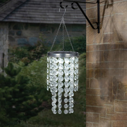 LEWIS&WAYNE 21 Hanging Solar Crystal Chandelier Outdoor, Modern Solar Transparent Acrylic Beaded Lantern with Cool