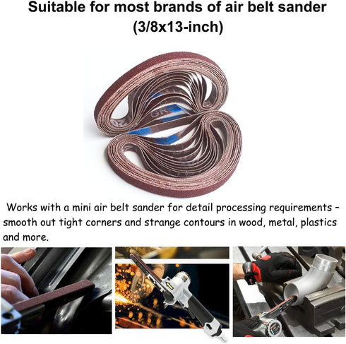 3/8 x 13 Inch Aluminum Oxide Sanding Belts, 24-Pack Assorted Grits for Air Belt Sander, 4 Each of 40/60/80/120/180/240
