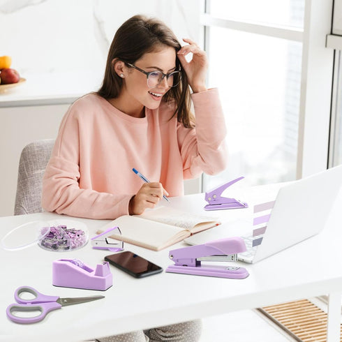 Sportsvoutdoors Purple Desk Accessories Set - Stapler and Tape Dispenser Kit, Gift for Students, Women, Boss Lady,