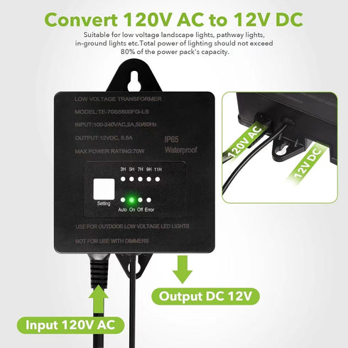 70W 120V 12V Low Voltage Landscape Transformer with Timer and Photocell, AC to DC,Waterproof Outdoor Landscape Lighting