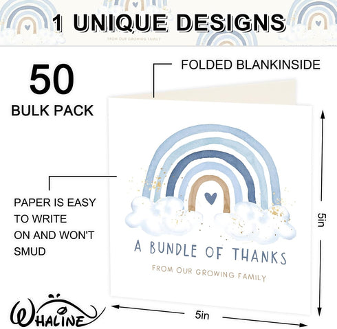50 Pack 5 5 Inch Whaline Blue Rainbow Thank You Cards Boxed x A Bundle of Thanks From Our Growing Family Note Cards