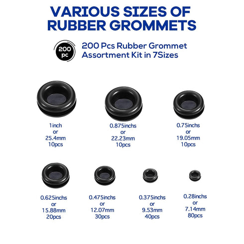 200Pcs 7 Sizes Rubber Grommet Assortment Kit, Firewall Hole Plug Set Electrical Wire Gasket Solid Hole Plugs Assortment Set for for Wire Plug, Cable, Plumbing and Automotive General Repair