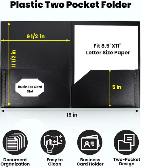 SUNEE 2 Pocket Folders (6 Pack, Black) - Heavy Duty Plastic Two-Pocket Poly Folders for Letter-Size Papers, Bulk for