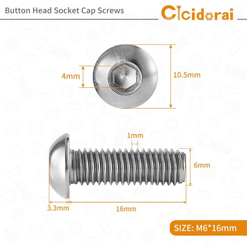 M6-1.0 x 16mm Button Head Socket Cap Bolts Screws, 304 Stainless Steel 18-8, Allen Socket Drive, Quantity 25