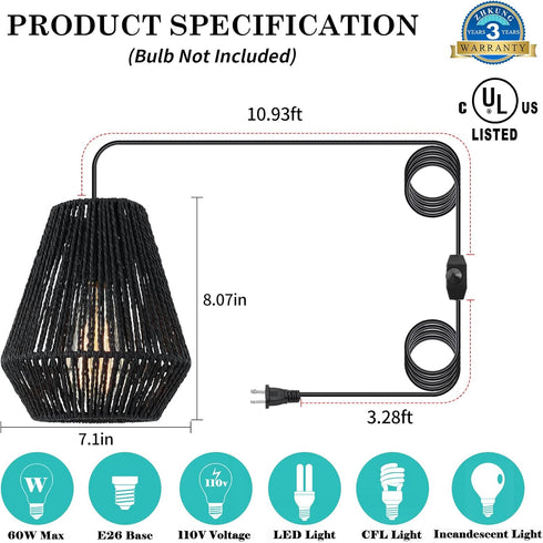 15ft Plug-in Pendant Light,Hanging Lights Fixture With Cord On/Off Switch,Black Handwoven Rattan Basket Shade Boho Lamp