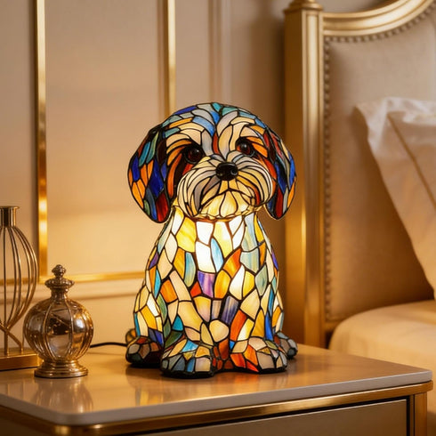 Generic 6.3inch Rainbows Pup Lamp Stained Glass Resin Dog Table Lamp, USB Powered LED Night Light for Bedroom, Desk