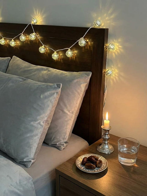 8.5Ft 10 LED Moroccan Style String Lights Plug in, Outdoor Ramadan Decorations String Lights with Silver Metal Ball