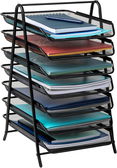Mind Reader 7-Tier Paper Tray, Desktop Organizer for File Storage, Metal Mesh, 11.75" L x 13.75" W x 18" H, Black