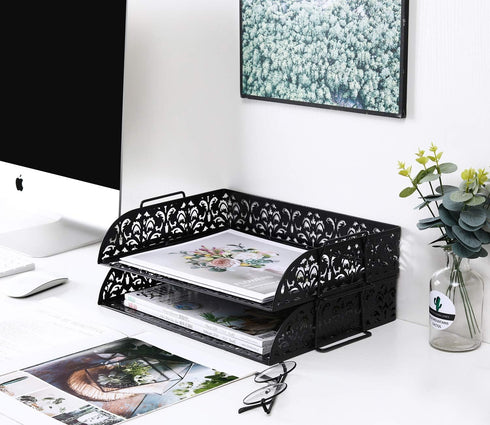 EasyPAG Stackable Letter Tray Organizer - 2 Tiers, A4 Paper Sorter, Mesh File Paper Tray, Black