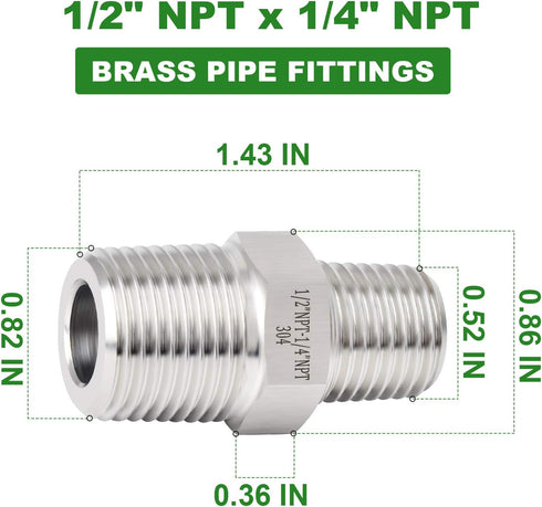 TAISHER 5PCS 304 Stainless Steel Hex Nipple, Reducer Pipe Fitting 1/2-Inch Male x 1/4-Inch Male