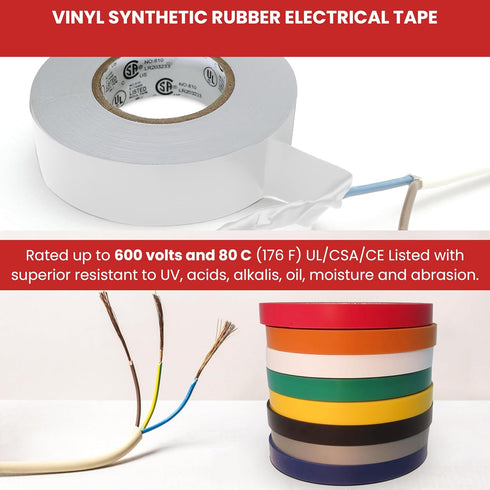 GGR Supplies T.R.U. EL-766AW White Electrical Tape, 3/4" x 66' - Utility Vinyl Tape