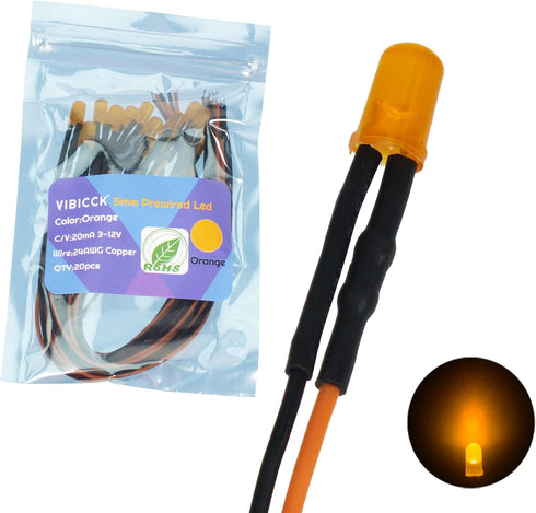 20pcs DC12 5mm 7.9 inch Volt Orange LED Lights Emitting Diodes Pre Wired Light Clear Lens Small LED Lamps(Orange)