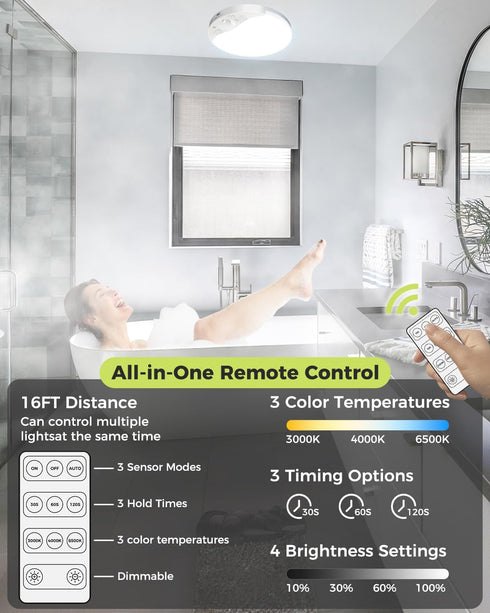 3000K/4000K/6500K, Dimmable, Closet 1Pack Rechargeable Motion Sensor Ceiling Light with Remote, Magnetic Wireless