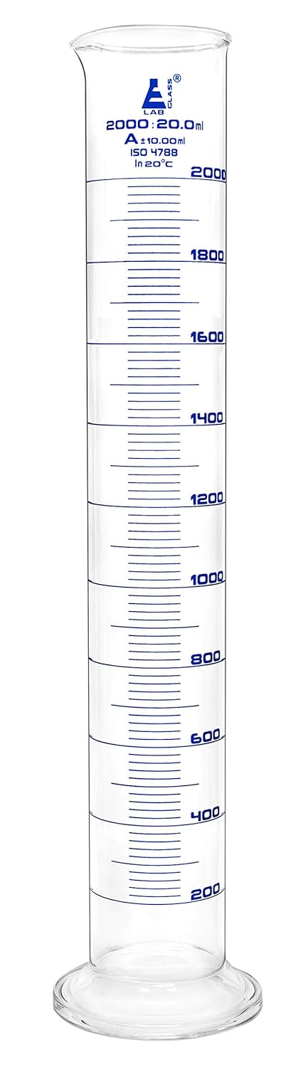 EISCO Graduated Cylinder, 2000ml, Class A Tolerance ±10.0ml, Round Base, Blue Graduations, Borosilicate Glass