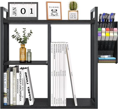 PAG Desktop Shelf Freestanding Bookshelf with Pencil Holder, Office Supplies Organizers and Accessories Storage Display