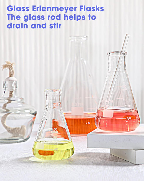 9 Pack Glass Erlenmeyer Flask Set with Glass Stirring Rod, 7 Sizes, Borosilicate Glass for Lab Chemistry