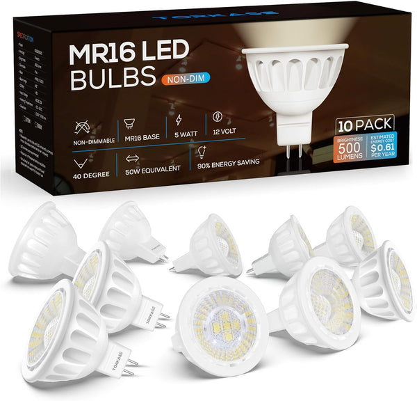 Torkase MR16 LED Bulbs 10 Pack, 5W Warm White 2700K, 50W Halogen Replacement, GU5.3 Bi-Pin Base, AC/DC 12V Low Voltage