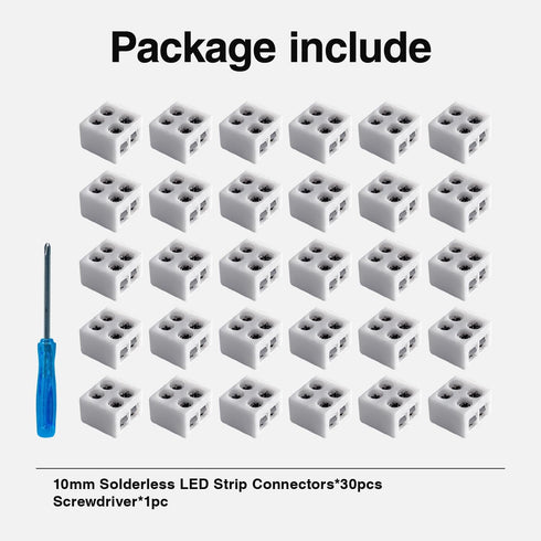 30 PCS Solderless 2 Pin LED Strip Light Connectors, 10mm for 5-24v Single Color LED Light Tape with Screwdriver