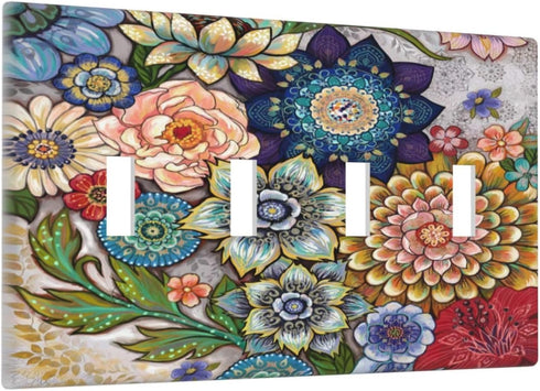 Boho Floral Bright 4 Gang Light Switch Cover: Quad Toggle Wall Plate Decorative Electrical Faceplate for Home