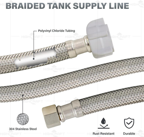 27416-NL-2 Toilet Connector, 16 Inch Braided Stainless Steel Hose, 3/8 Compression x 7/8 Female Ballcock Nut