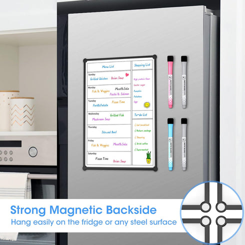 Magnetic Weekly Calendar for Fridge, 12×8”, Double-Sided Grocery List & Kitchen Menu Planner Board with 4 Markers