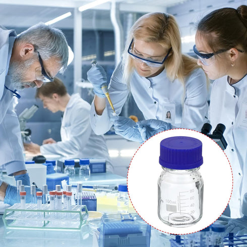 PATIKIL 100mL Reagent Media Bottle, 4Pcs Round Graduated Glass Storage Bottle with Blue Screw Cap for Chemistry Lab