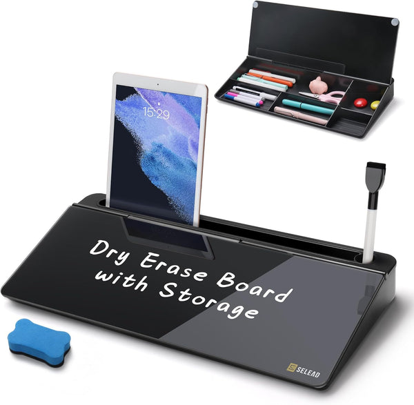 SELEAD Desktop Glass Whiteboard with Organizer, Markers, Eraser - Dry Erase Board with Drawer and Holder for Home,