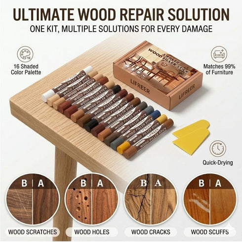 Sticks,16 Lifreer Wood Filler Colors Wood Crayons for Scratches, Scuffs, Cracks, Stains and Holes, Furniture Wax