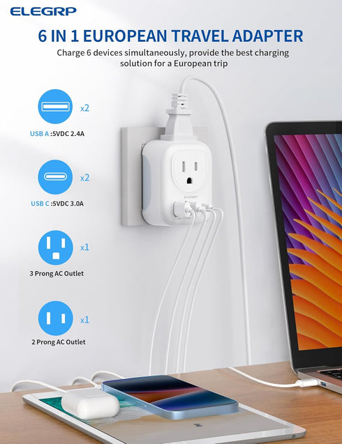 ELEGRP European Travel Plug Adapter, US to Europe Plug Adapter Converter with Two USB-A Ports and Two USB-C Ports, Type C Adapters for Europe, Spain, Italy, France, Germany, FCC, 1 Pack
