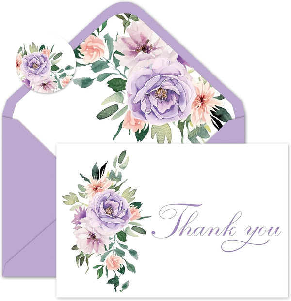 JarThenaAMCS 50 Pack Purple Floral Thank You Cards Pink Purple Flower Greeting