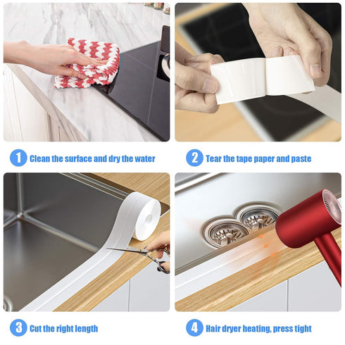 Caulk Tape 3 Rolls, 1.5in x 10.5ft, White Caulking Strip for Waterproof Trim in Kitchen, Toilet & Walls