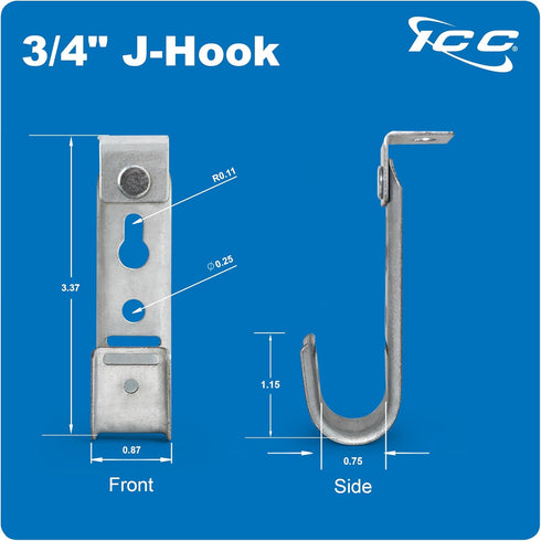 ICC Ceiling Mount J-Hook Without Retainer Clip for Structured Cabling, Galvanized Steel, 25-Pack