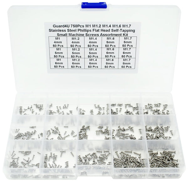 750Pcs 15-Size Metric M1 M1.2 M1.4 M1.6 M1.7 304-Stainless Steel Phillips Self-Tapping Screws Assortment Kit