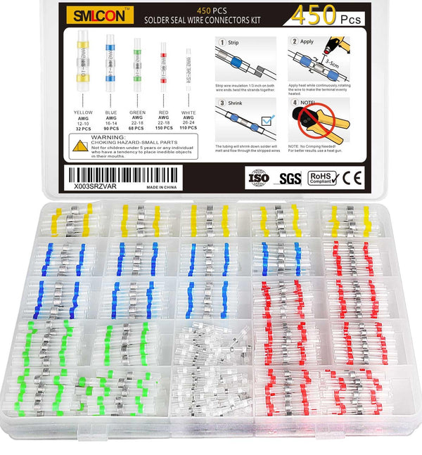 450 PCS Solder Seal Wire Connectors - Waterproof Heat Shrink Butt Connector Kit for Marine Automotive
