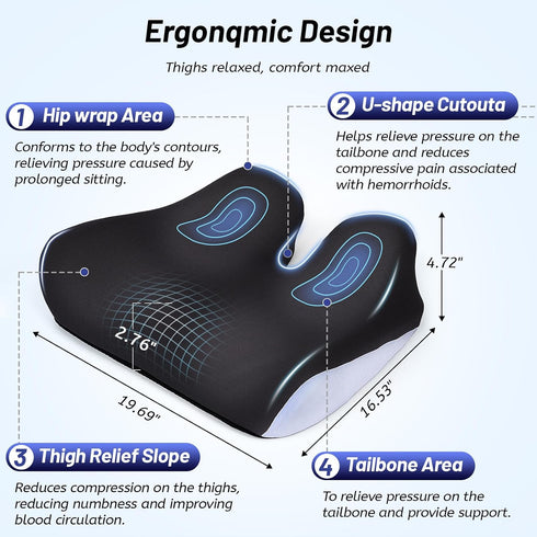 Tailbone Extra Large Seat Cushion for Pain Relief, Ergonomic Office Chair Cushion, Memory Foam Coccyx Cushion, Relief