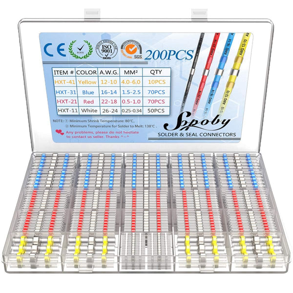 Sopoby Heat Shrink Wire Connectors - 200PCS Waterproof Solder Butt Connector Kit for Automotive Electrical