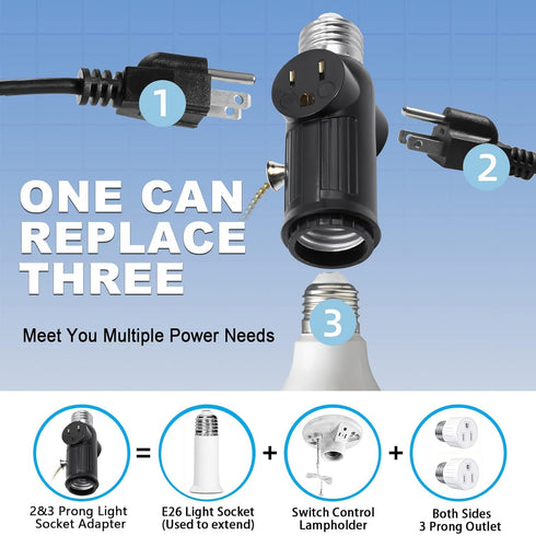 2 PCS Light Socket to Plug Adapter, E26 E27 Light Bulb Socket Adapter with Switch Control for 3 Prong Sockets