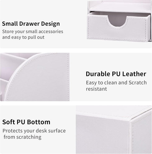 KINGFOM Pu Leather Desk Organizer, White Pen Pencil Holder with 6 Compartments and Drawer, Office Supplies Caddy
