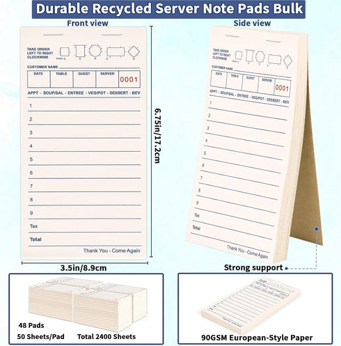 48 Pack 2400 3.5 6.75 Inch Server Note Pads Bulk Recycled Guest Check Pads, Total Sheets x Guest Checks Books