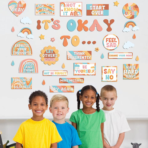 Mental Health Posters, Groovy It's Okay to Boho Bulletin Board Set, Inspirational Positive Affirmations for Classroom