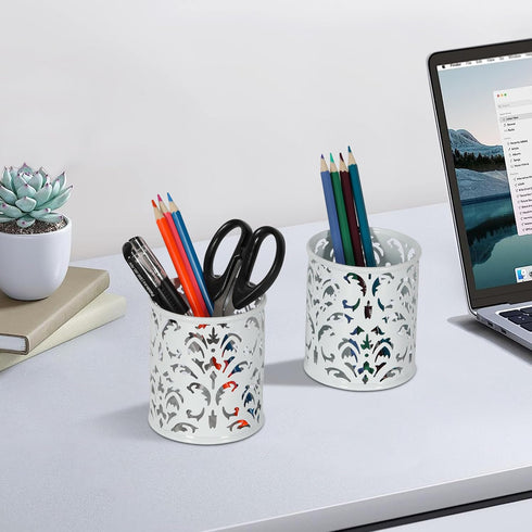 EasyPAG Metal Round Pencil Holder 2 Pack - White Pen Cup Organizers for Desk